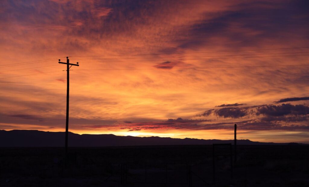 Sunset over the Tularosa Basin in New Mexico, looking toward the Trinity atomic bomb test site where Trinitite glass formed in 1945.