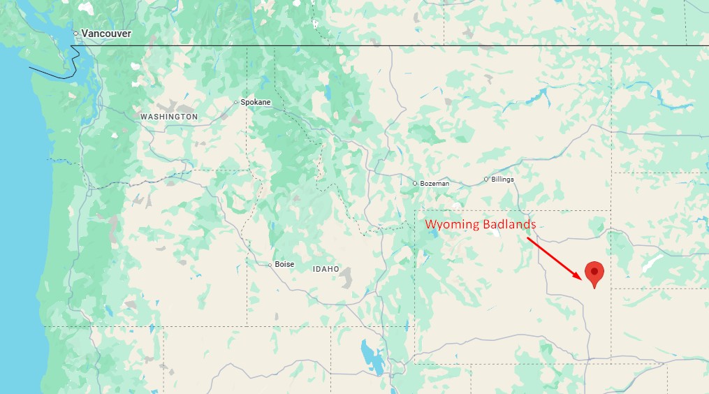 Map showing the badlands near Lance Creek Wyoming